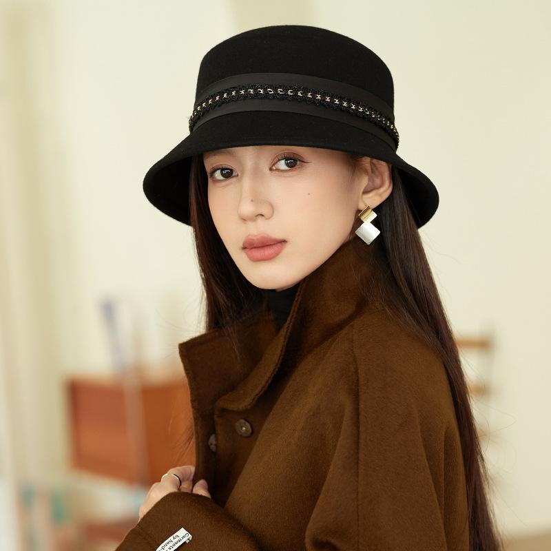 French Hat Women'S Autumn And Winter High-End Sense Elegant Bucket Hat Hepburn Style Show Face Small Wool Top Hat
