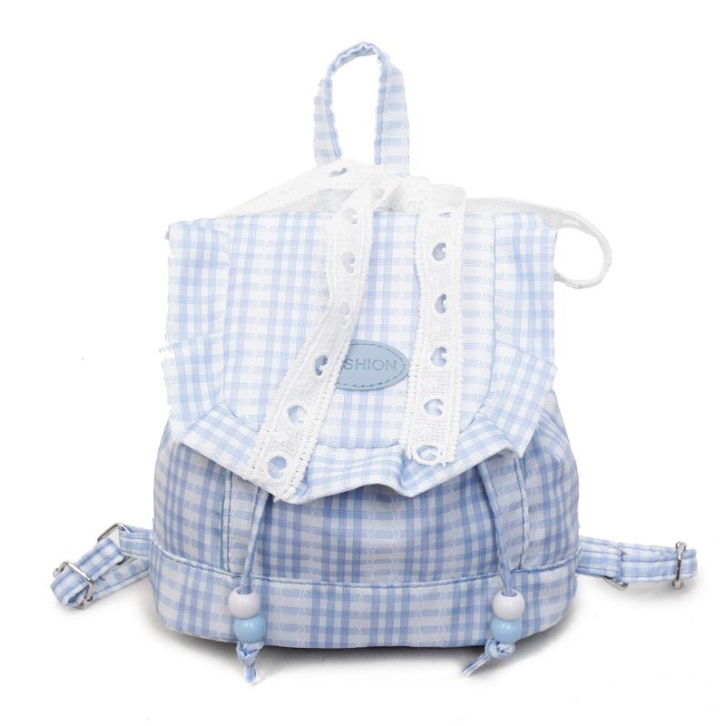 

Korean Plaid Mini Ruffle Backpack with Lace Design синий