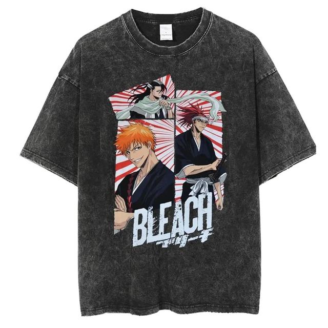 Japanese Anime Bleach Zaraki Kenpachi Graphic Print T-shirt for Men and Women Manga T-shirts Harajuku Men's Oversized Washed Cotton T-shirt