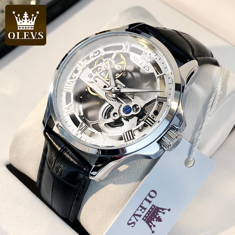 OLEVS 6661 Ceas Mecanic Automatic pentru Bărbați Schelet Complet Transparent Volant Curea din Piele Brand de Lux Ceas de Mână Original pentru Bărbați