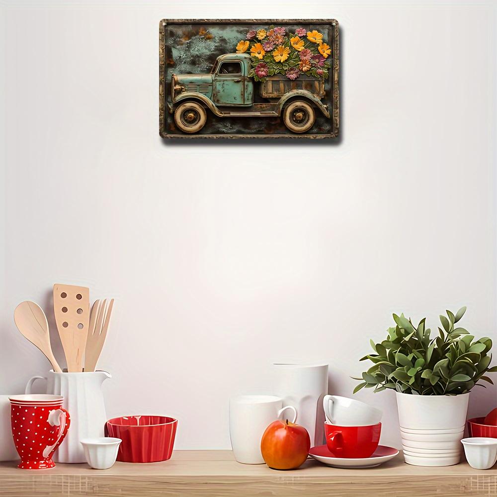 Vintage Blauer Truck Metall Blechschild, Rustikale Florale Eisen Wandkunst, Verwitterter Look für Garagen-, Café-, Bar- & Wohnzimmerdekor