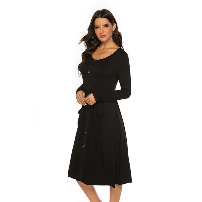 Women Fashion Round Neck Long Sleeve Button Slim Dress Casual Dress