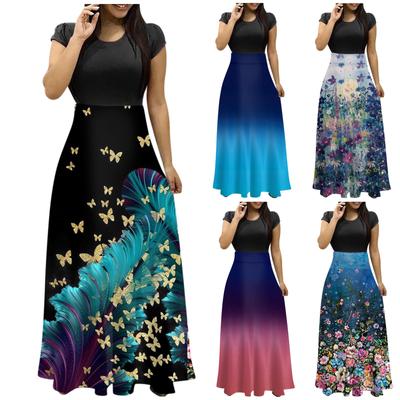 Women's Fashion Casual Flower Vintage Print Crewneck Short Sleeve Floor-length Dress