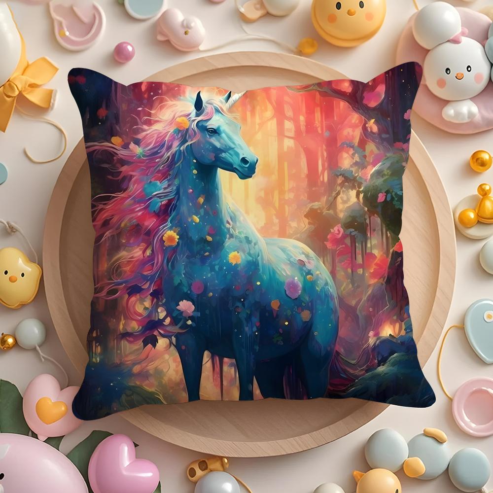 Rainbow Unicorn Cushion Cover Plush Fabric Soft Double-Sided Printed Sofa Warm Winter Home Gift Pillow Cover