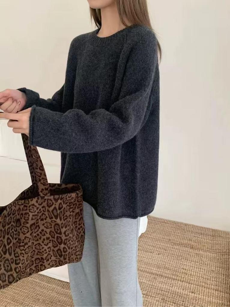Women's Korean Style 100% Pure Wool Round Neck Pullover Sweater - Autumn/Winter Relaxed Fit with Rolled Hem