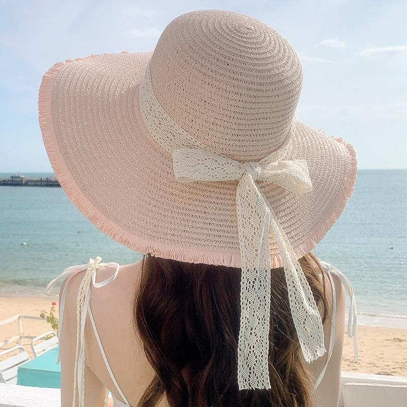 Summer Bow Sun Hat Female, Seaside Beach Vacation Sun Hat Outdoor Big Brim Sun Hat Sweet Straw Hat
