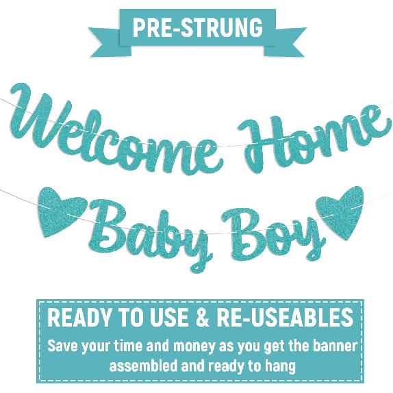 Welcome Home Baby Boy Banner - It's a Boy Baby Shower Decor, Little Sweet One Gender Reveal Baby Shower Decorations Blue Glitter