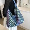 New niche design denim contrasting color plaid tote bag student casual versatile large-capacity shoulder bag