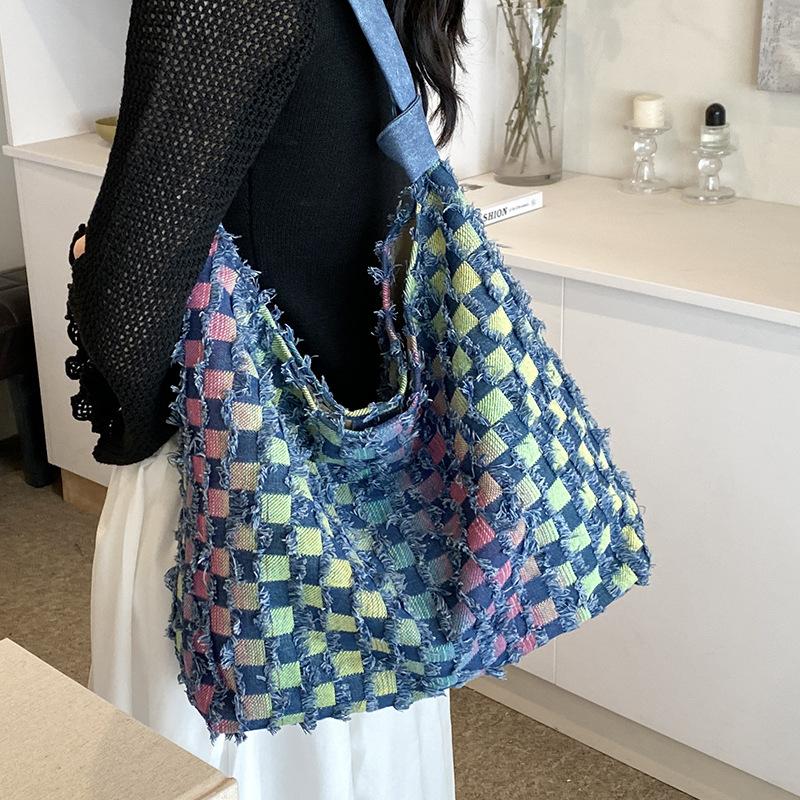 New niche design denim contrasting color plaid tote bag student casual versatile large-capacity shoulder bag