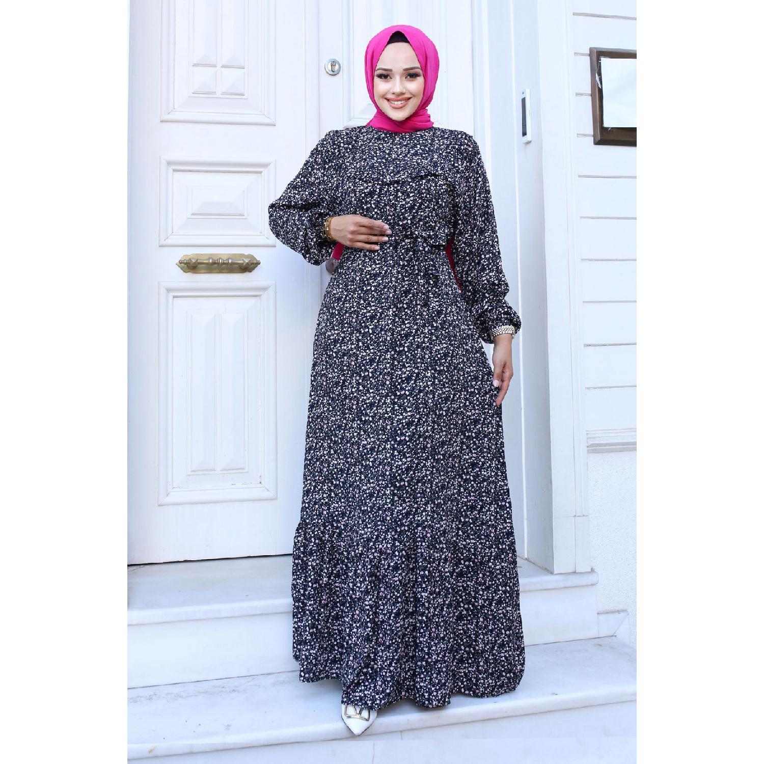 

Ruffle Detailed Floral Viscose Dress Tsd240614 Black 38 зелений