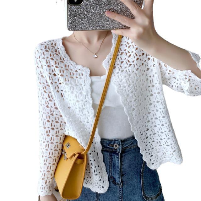 2023 Spring Women's Simple Knit Shawl Cardigan - Hollow Design, Short, Airy, Sun Protection