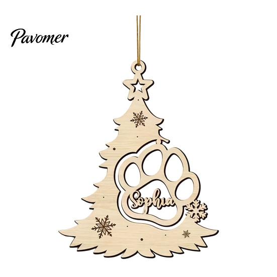 Rustic Christmas Decor for Home Wood Tree Pendant with Paw Print, Hollow Engraved Hanging Creative Wooden Pet Pendants Ornament, Style Craft