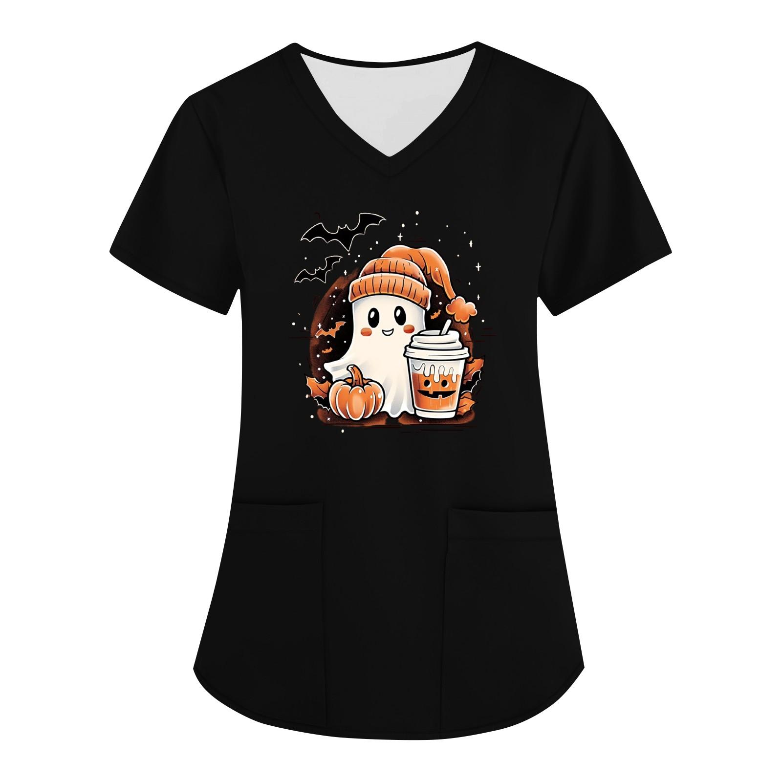 

Женская униформа с принтом на Хэллоуин, рабочая форма с v-образным вырезом и карманом, защитная рабочая форма L чёрный