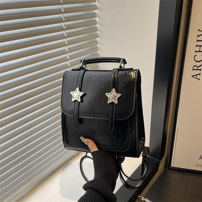 Vintage Star College Style PU Backpack for Women Thread Design Girls Satchel Shoulder Bag Student Portable Solid Color Handbags