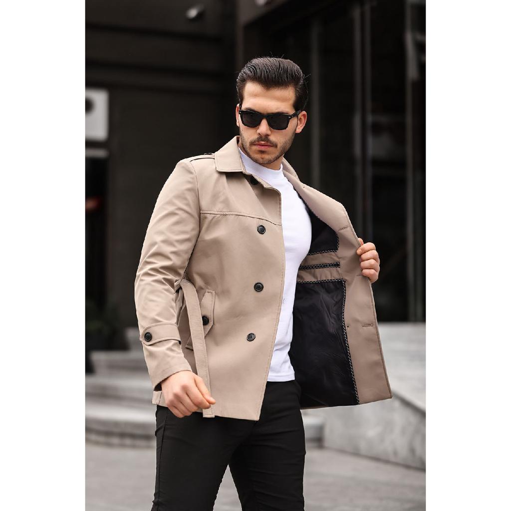 Men's Black Seasonal Lined Belted Double Breasted Trench Coat