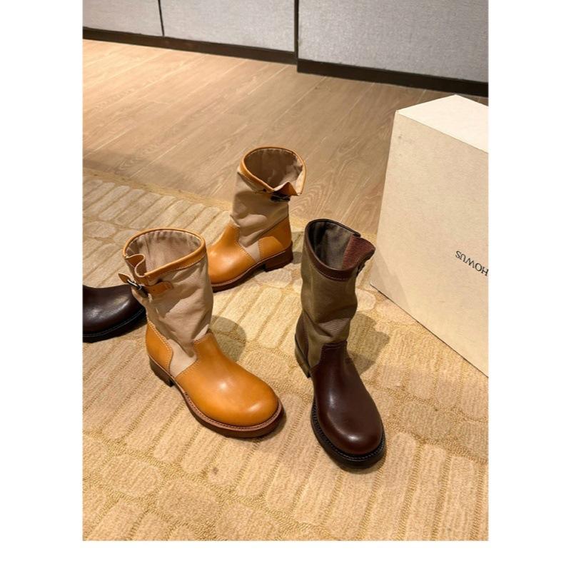 Vintage Splicing~ Soft Leather Medium Boots Brown Boots Short Boots Maillard Pile Boots Western Knight Boots Martin Boots