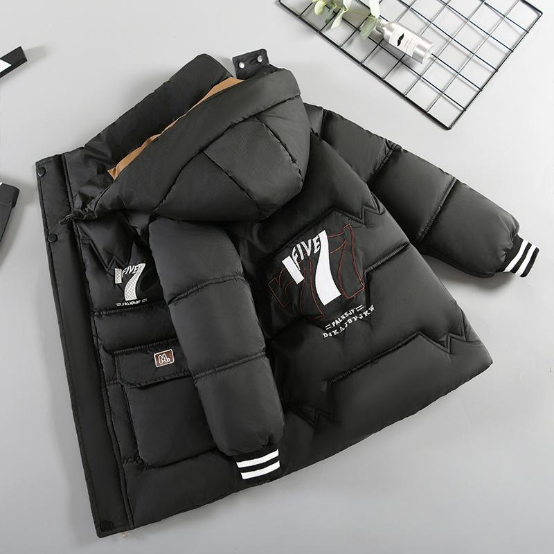 Winter Teen Boys Jacket Letter 7 Print Lined With Velvet Thick Warm Hooded Zipper Parka Coat For 6-14Y Kids Cotton Outwear