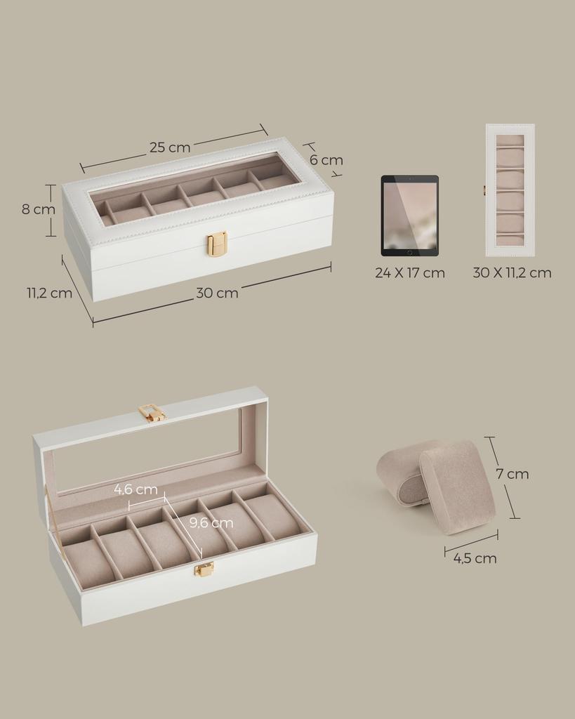 SONGMICS Watch PU Leather Watch Storage Box with Clear Stylish Watch Box for Watches and Day Gift for Men and Birthday White Case, 6-Piece Window,
