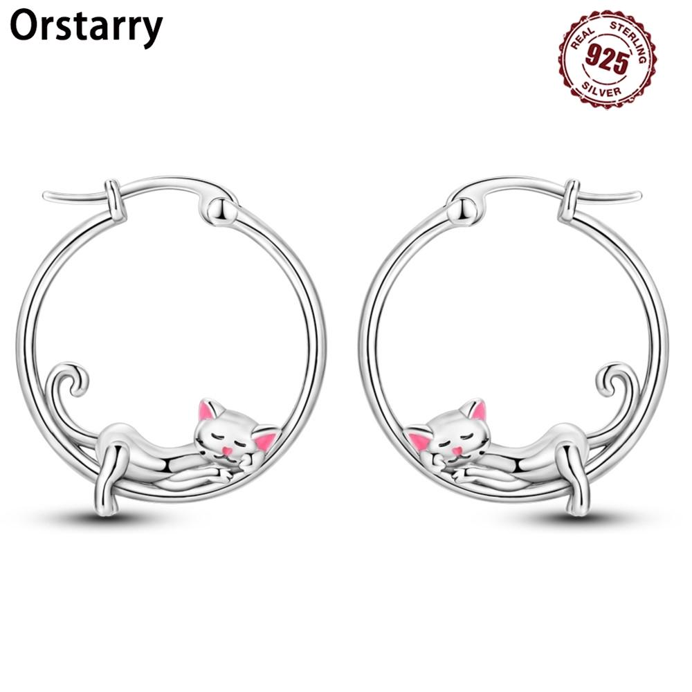 Orecchini a cerchio in Argento 925 Carino Gatto Pigro Animale Animale Domestico Gioielli Per Donne Gioielli Festa di Compleanno Regali Raffinati