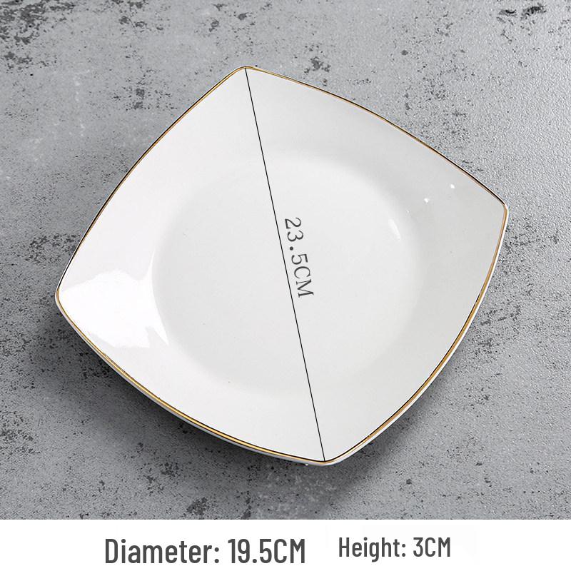 Gold-Rimmed White Ceramic Square Plate for Home: Dinner, Steak, Pasta, Dessert, Flat, or Shallow Use