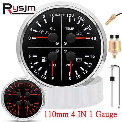 110mm 4 In 1 Multifunction Fuel Level/Oil Pressure/Water Temp/Voltmeter 0-10Bar 0-150PSI 40-120℃ Temp Fuel Sensor 0-190ohm