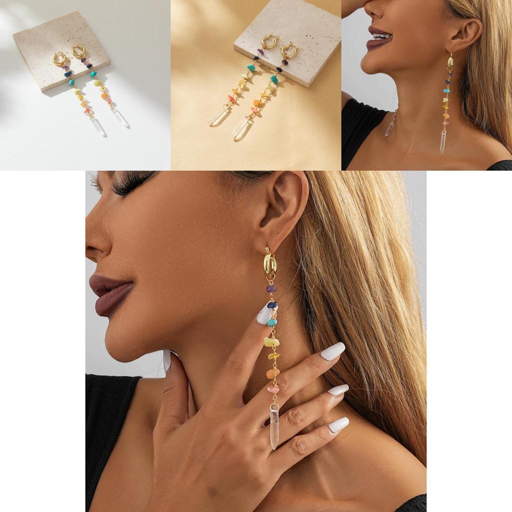 Womens Long Colorful Irregular Natural Stone Earrings Chic Electroplated Geometric