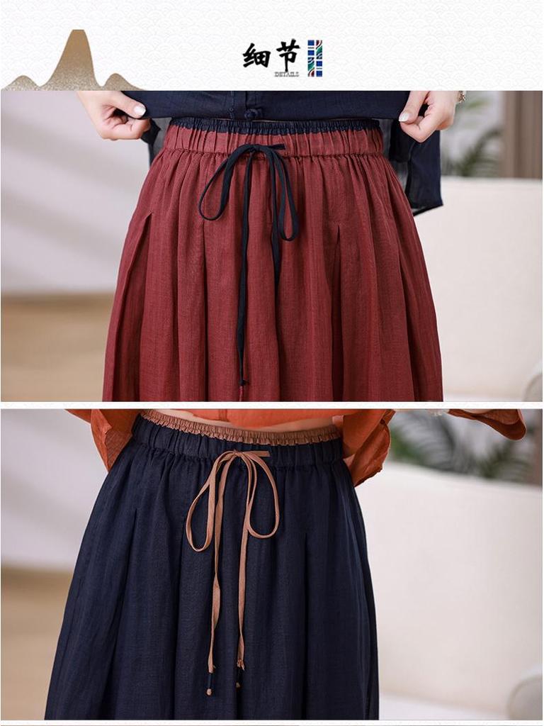 2025 Retro Graphite Wash Ramie Midi Skirt with Full Cotton Lining - Double Layer Flowy Slimming Long Skirt for Women