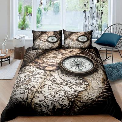 Set Copripiumino Nautico Set Biancheria da Letto Pirata Barca Matrimoniale Retro Vela Marrone Copripiumino Ancora Bussola Set Trapunta Vintage