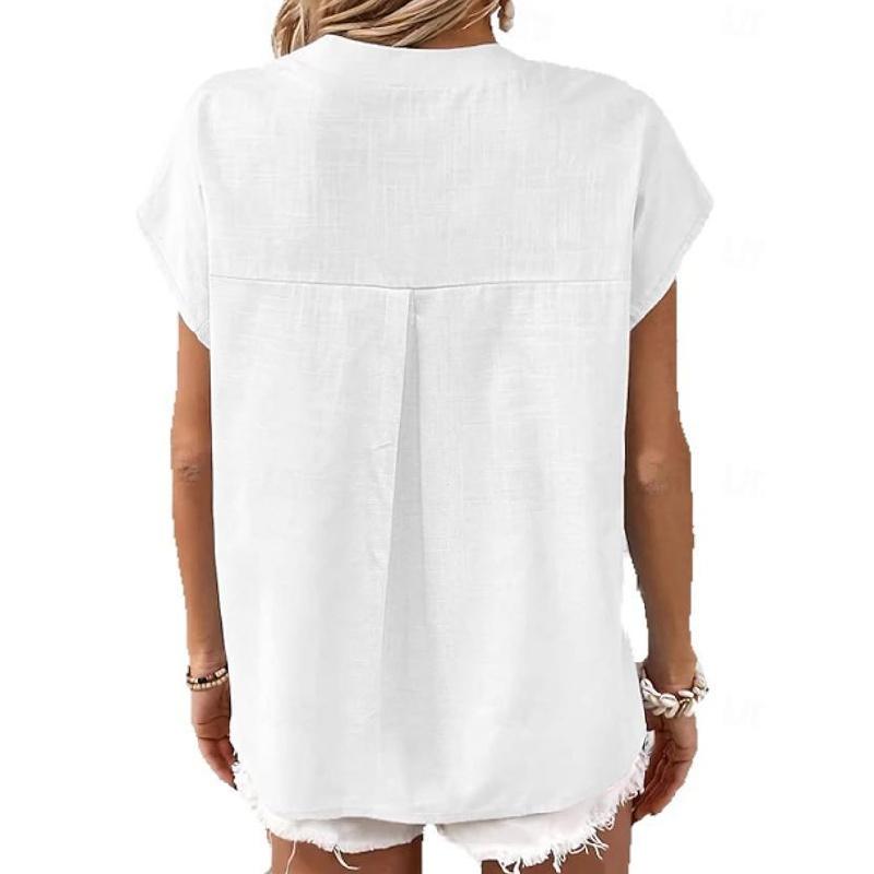 T-shirt da donna estiva 2026 nuova, elegante, casual, con bottoni finti, tinta unita, scollo a V