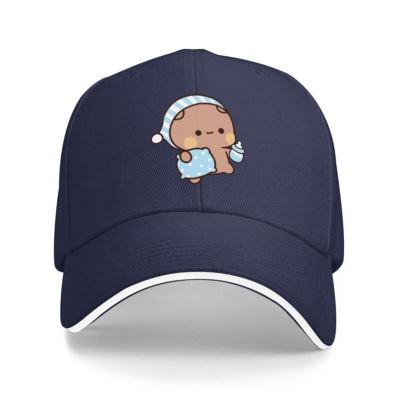 

Cute Baby Bear Wearing Nightcap and Holding Bottle Baseball Cap Black with White Trim Adorable Cartoon Design for Adults Adjustable