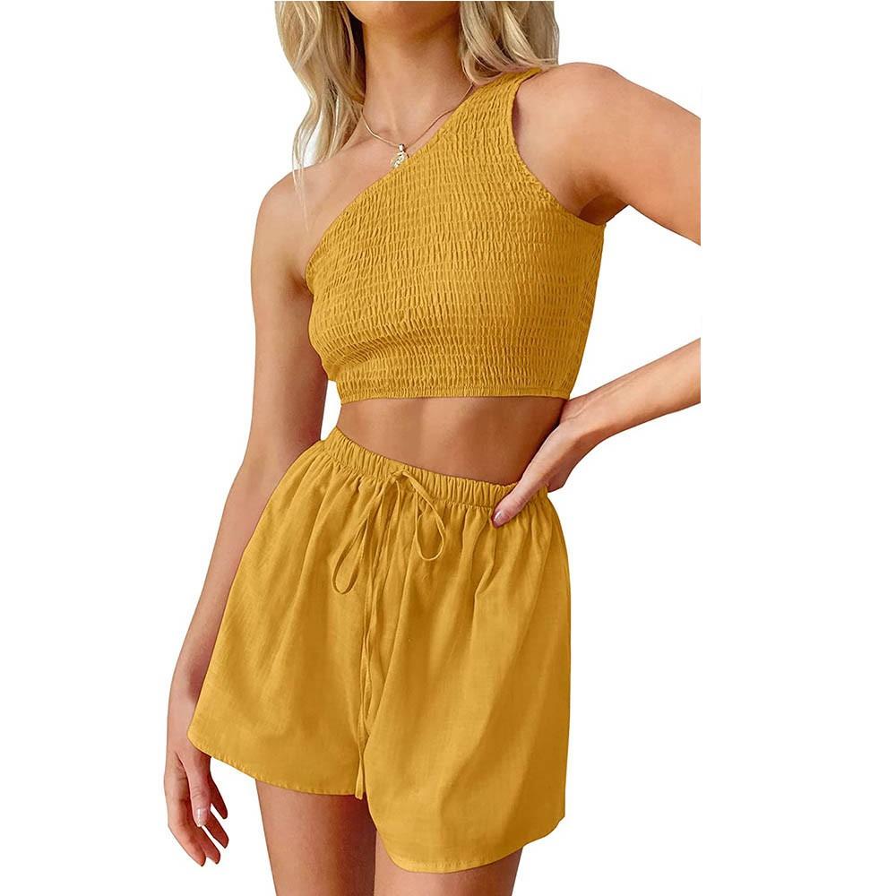 

Женская мода на одно плечо плиссированные топ с открытым пупком и шорты пляжный комплект из двух предметов XL жёлтый