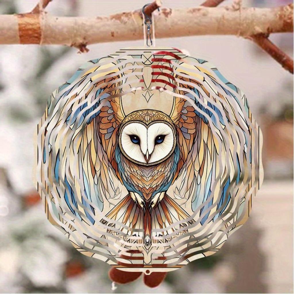 Owl-Design Metal Windmill Garden Decor – Dual-Direction Spinning Wind Chime, White Face & Owl Art, Outdoor Hanging Ornament – Easy