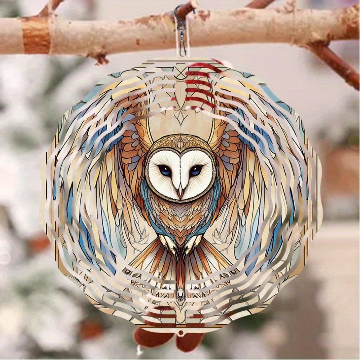 

Owl-Design Metal Windmill Garden Decor – Dual-Direction Spinning Wind Chime, White Face & Owl Art, Outdoor Hanging Ornament – Easy 01A