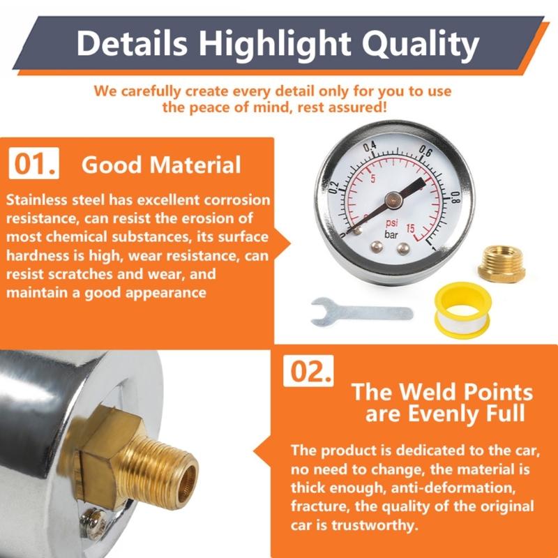 1/8'' NPT Fuel Pressure Gauge 0-15PSI 0-1Bar & Wrench Adaptor Kit Double Scale Pressure Gauge for Fuel Injections System