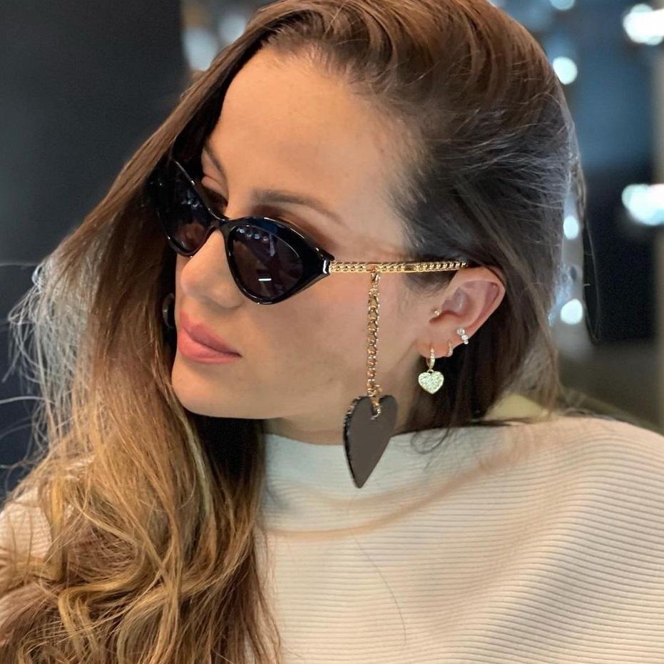 Vintage Small Cat Eye Sunglasses Women Luxury Designer Sun Glasses Shades Classic Gold Chain Heart Pendant Uv400