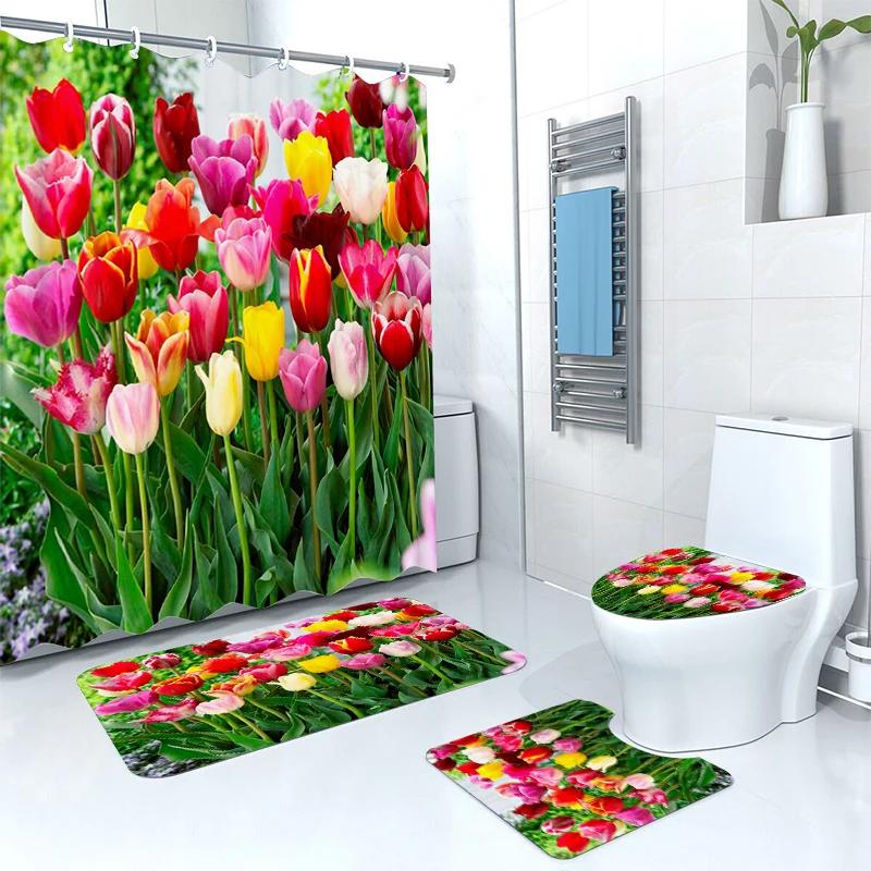 Modern Style Flower Durable Waterproof Shower Curtain Set Toilet Seat Cover Bath Nonslip Mat Rug Carpet Bathroom Decor Washable