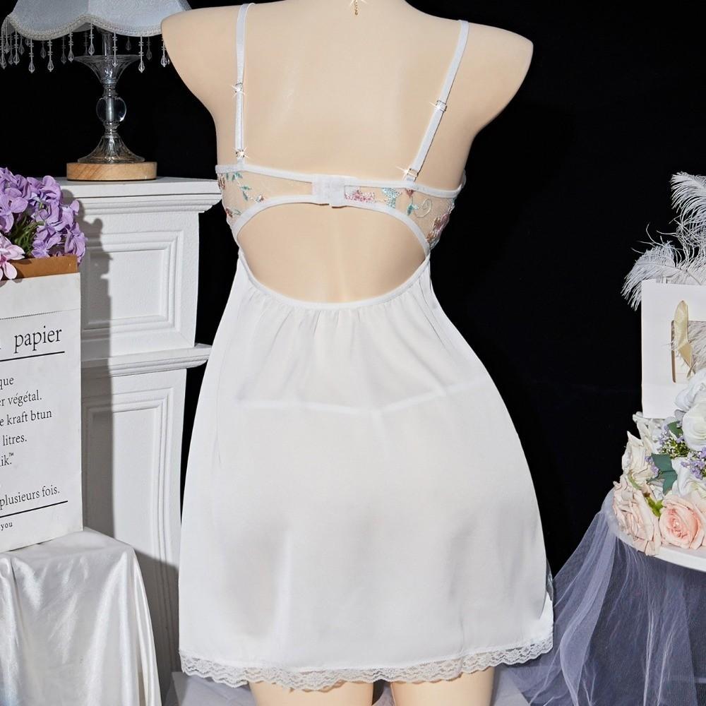 Embroidered Women's Pajama Dress Thin Lace Bow Slim Sling Nightgown  Party Club