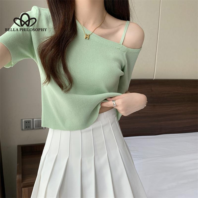 

Короткая однотонная универсальная вязаная футболка с косым воротником в корейском стиле для женщин ONE SIZE зелёный