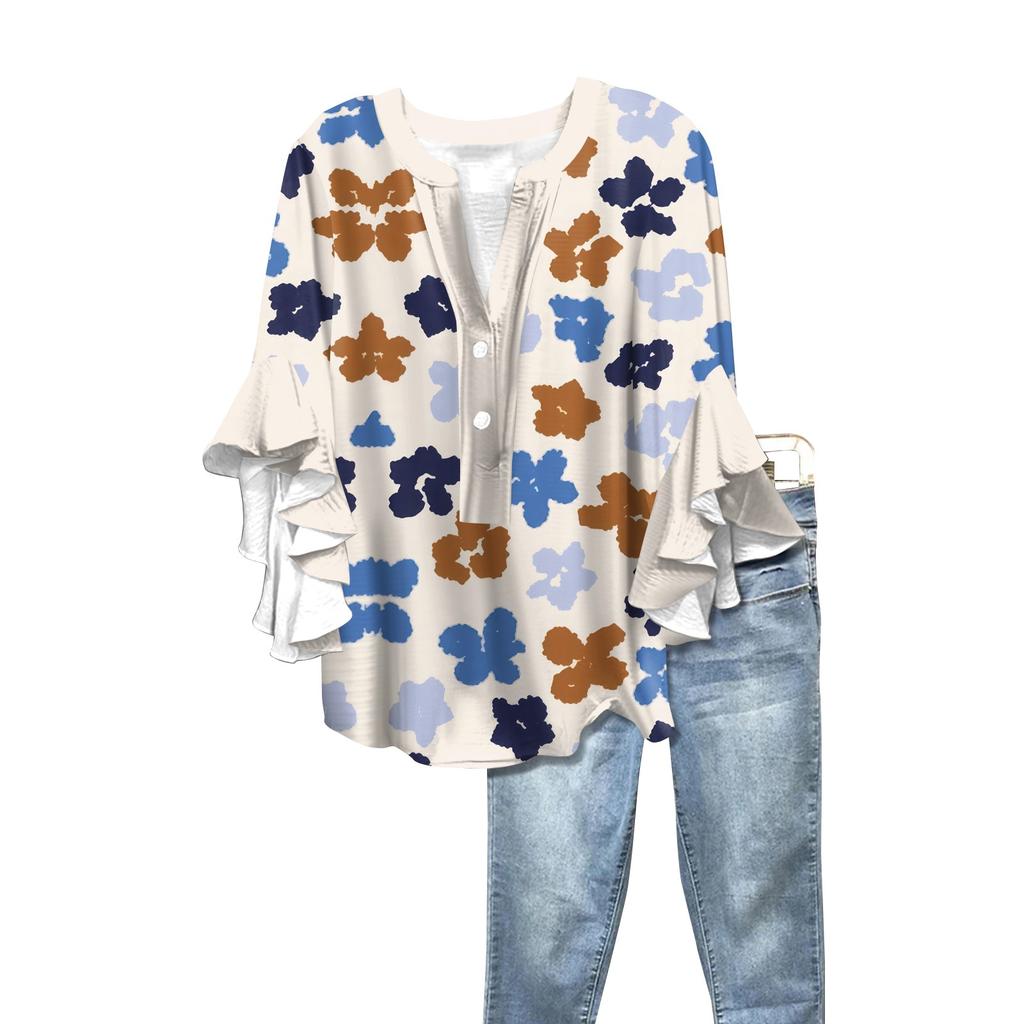 Summer Women's Tops V-Neck Seven Sleeve Shirt Spring Summer Floral Printed Tops Casual Shirt