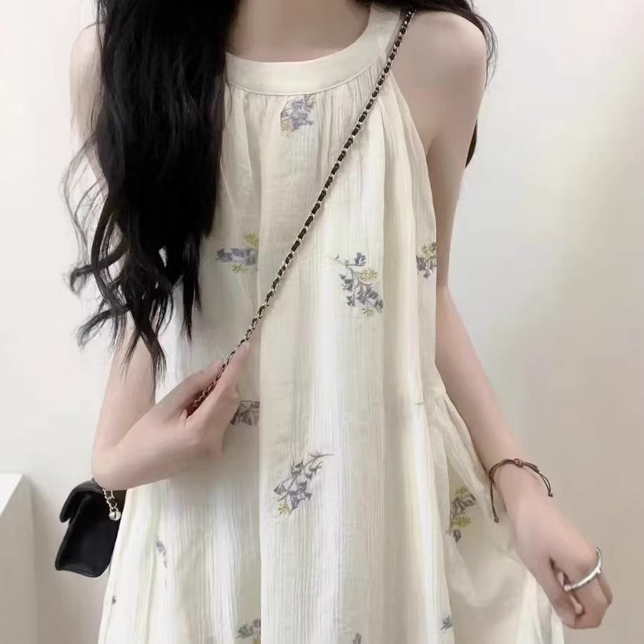 Summer atmosphere wear neck dress children French off-the-shoulder sleeveless seaside vacation beach slim dress