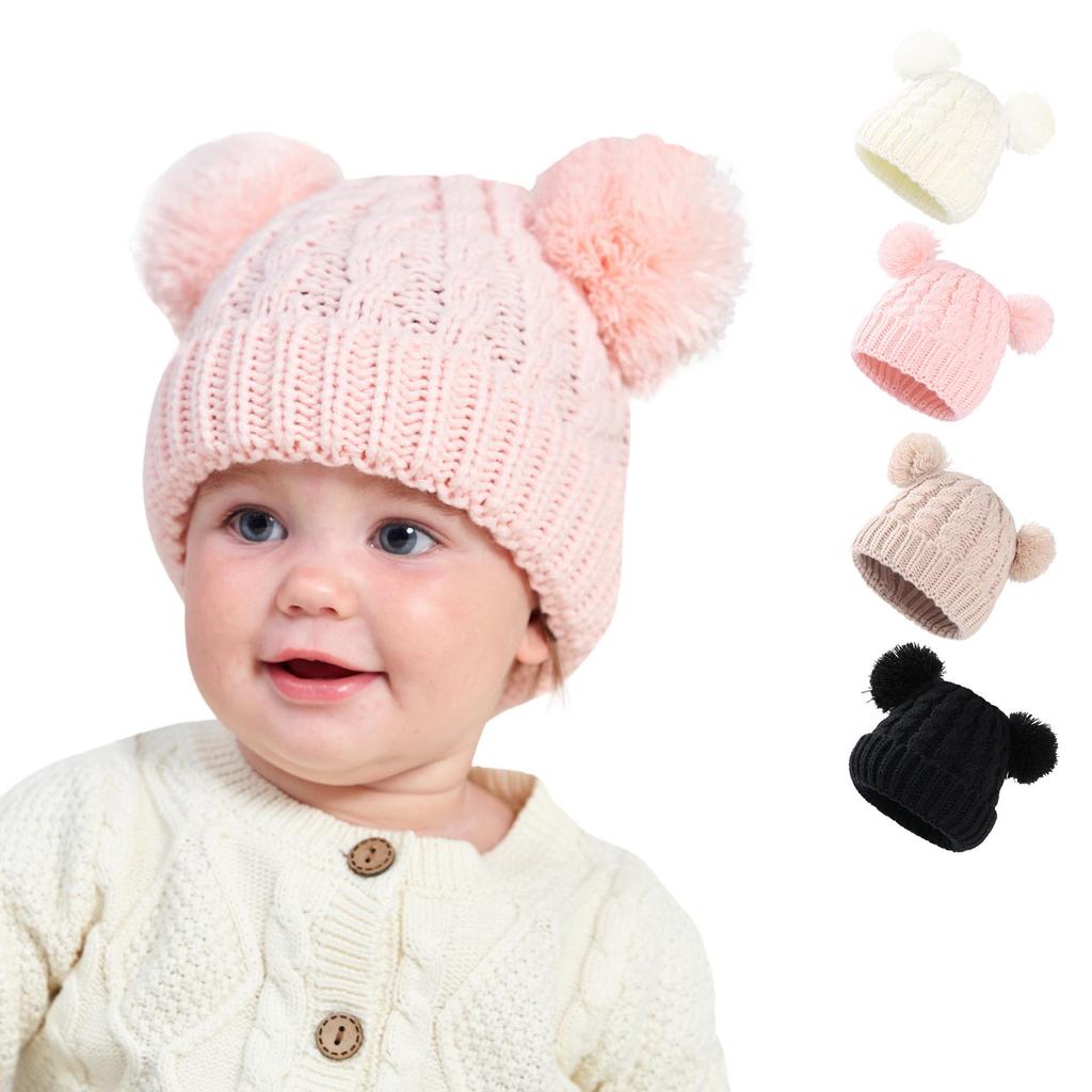 New Solid Color Cable Knit Double Pom Pom Hat for Kids - Warm Autumn/Winter Pullover for Babies & Toddlers