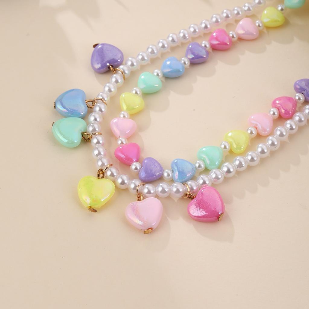 2pcs Pastel Heart Beaded Pearl Necklace Set – Kawaii Colorful Layered Choker for Girls, Cute Y2K Jewelry