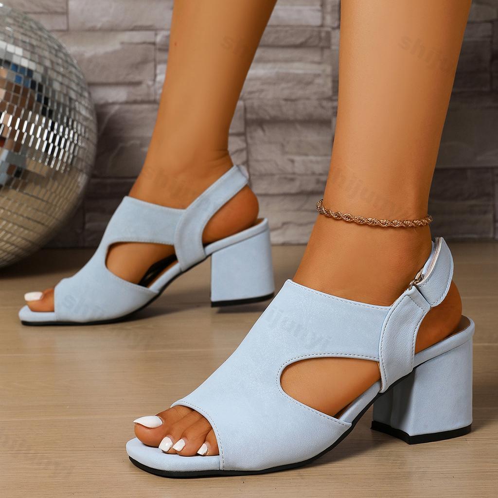 Fashion 2025 Summer New Women's Coarse Heels Fashion Casual Sandals Open Toed Hollow Breathable Roman Style Slip on High Heel Cool Pumps