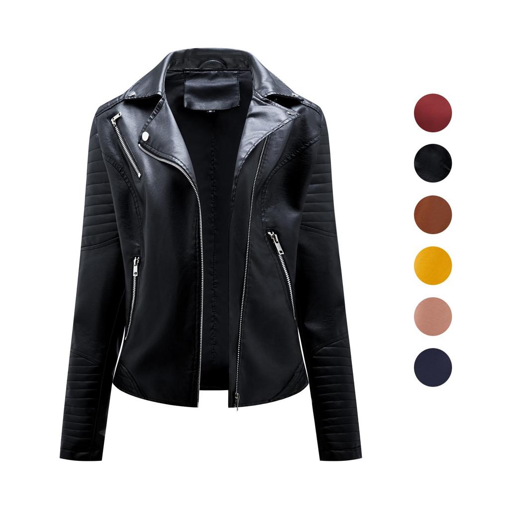 Veste en Faux cuir pour femmes, col rabattu, fermeture éclair diagonale, manteau de motard en PU, vêtements d'extérieur courts décontractés pour l'automne et le printemps