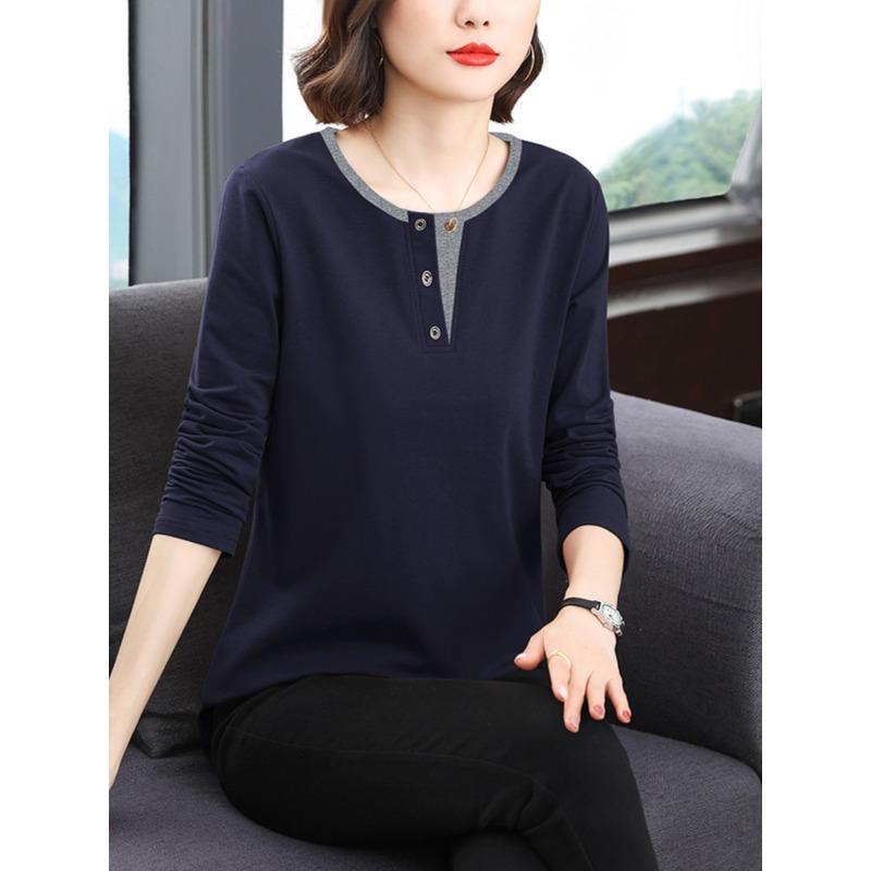 

Cotton Bottoming Shirt for Women Spring and Autumn New Style Middle-aged Mother Long-sleeved Large Size Loose Top XL синій