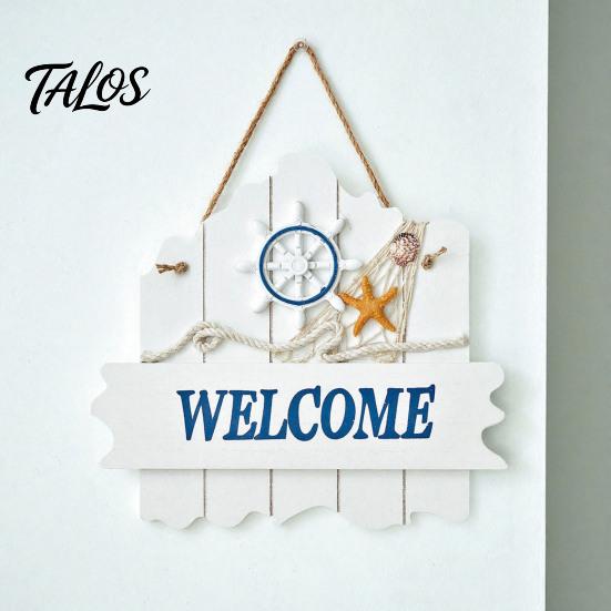 Marine Elements Wall Art Mediterranean Style Wooden Welcome Sign, Starfish And Shells Hanging Seaside Inspired Ornament Plaque, Decorative for