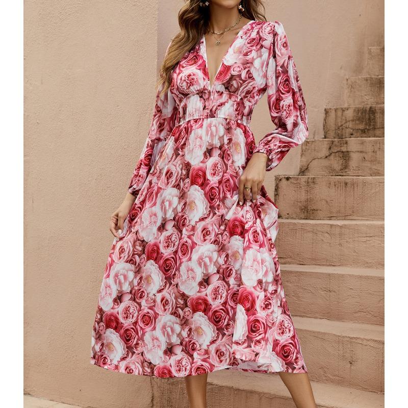 

Женское платье с V-образным вырезом, осеннее платье-фонарик с глубоким V-образным вырезом и длинными рукавами XL розовый