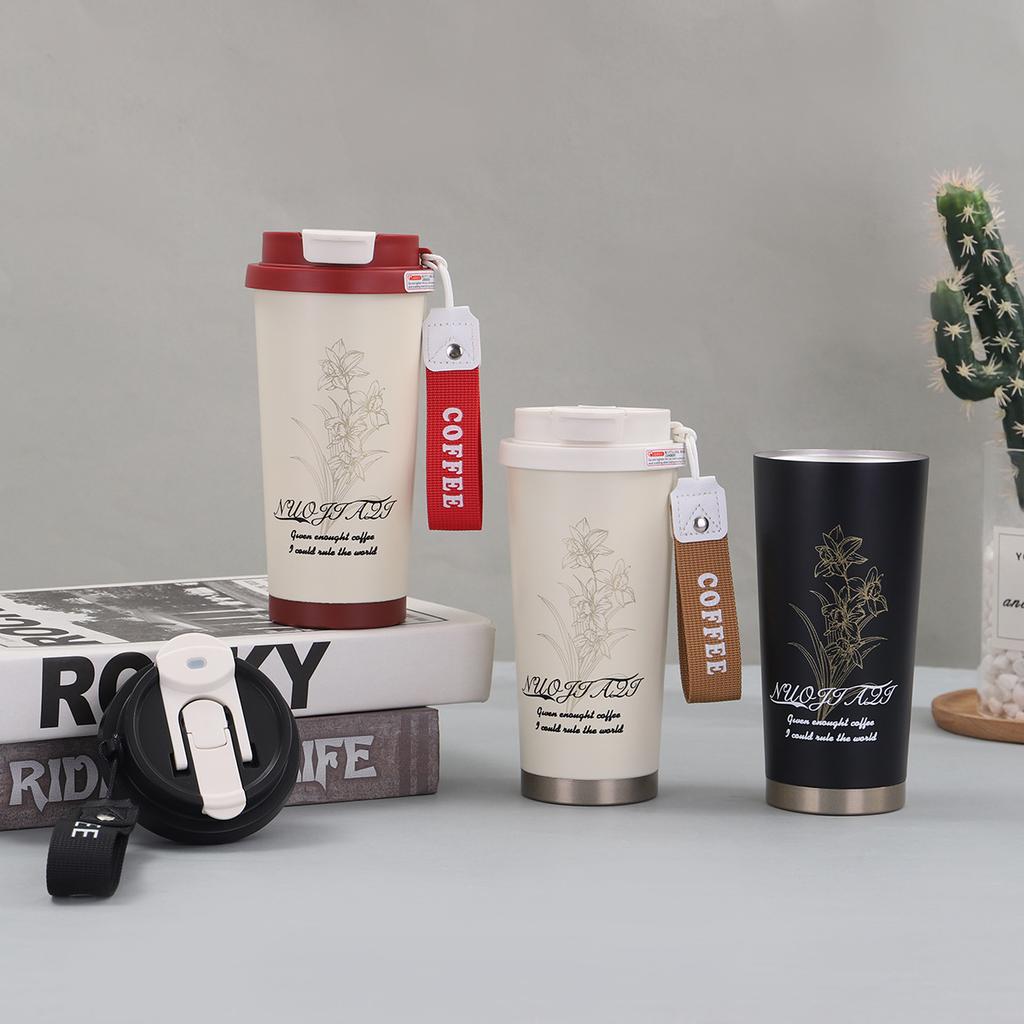 Nová módní nerezová termoska s vysokým vzhledem, dvojitý nápojový šálek na kávu Convallaria s lanem