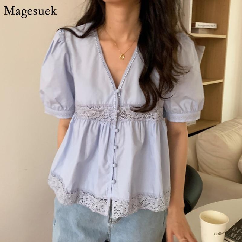 Koreanische V-ausschnitt Süße Bluse Puff Kurzarm Lose Frauen Tops Chic Spitze Nähte Weibliche Hohl Elegante Weiße Hemd 14544