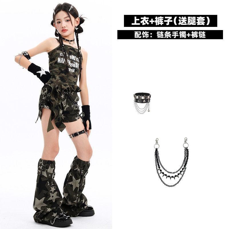 Girls Jazz Dance Outfit Camo Cami Shorts Set Kids Stage Performance Wear